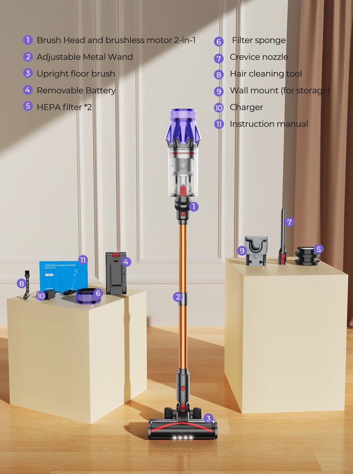 Cordless Vacuum, Real 50Kpa Suction, 500W Motor, 60Min Runtime, Quiet, Premium Build for Pets & Floors